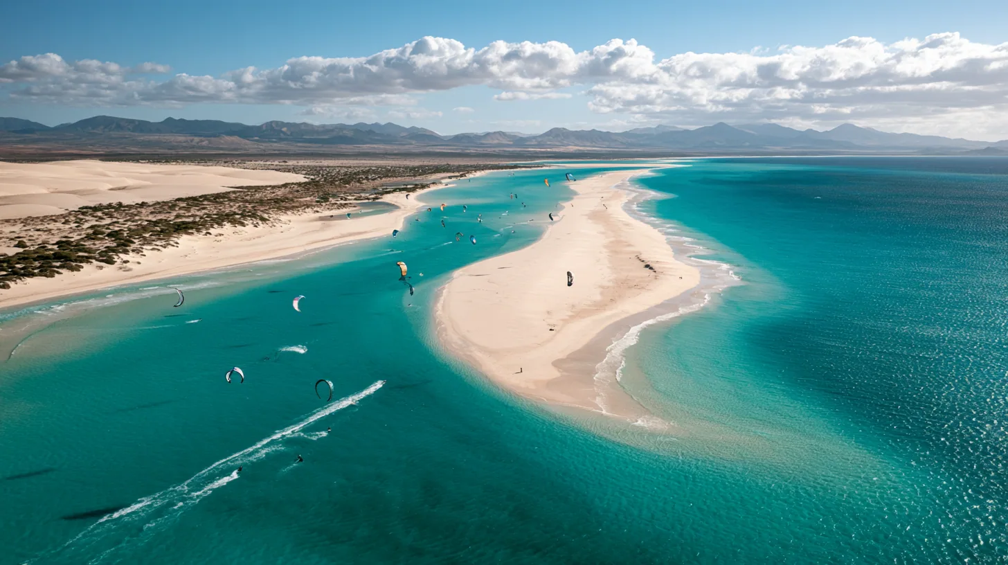 Turquoise Atlantic lagoon and kitesurfers in Fuerteventura
